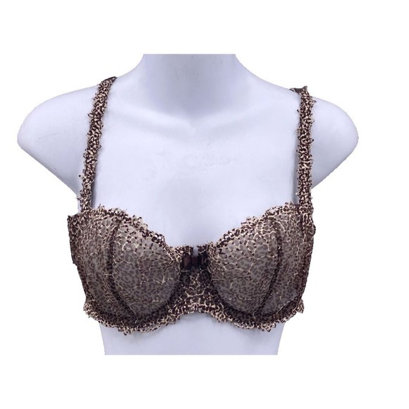 Chantelle Bra 36C Icone 2225 Brown Mesh Animal Print Underwire Ruffle Leopard - Picture 1 of 5